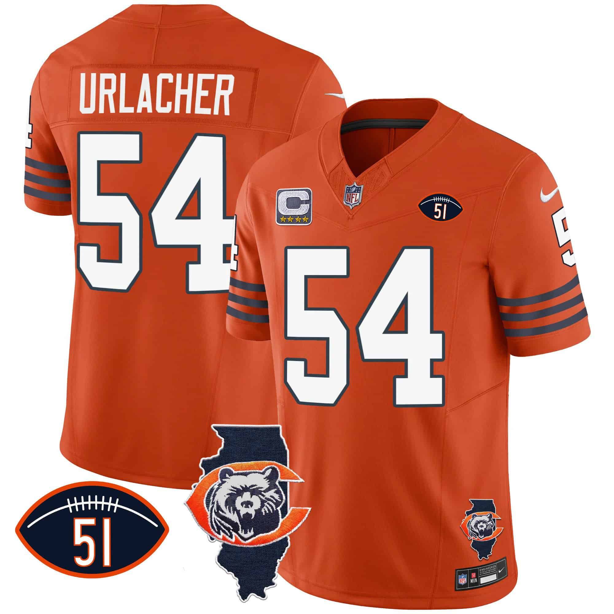 Men Chicago Bears #54 Urlacher Orange 2024 Nike Throwback Illinois Patch Vapor NFL Jersey
